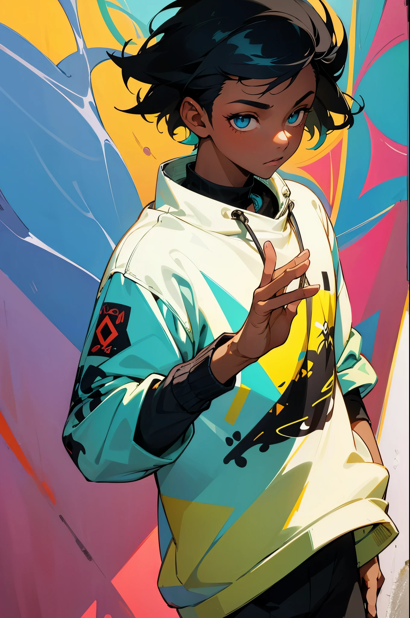 black boy, sweatshirt, beautiful detailed eyes, stylish haircut, urban setting, vibrant colors, street art, graffiti, cool pose, natural lighting, realistic, modern art style, high resolution, rich texture, youthful energy.