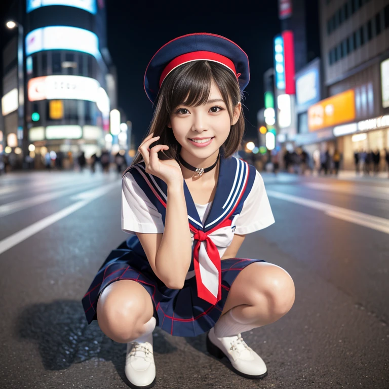 (a gorgeous Asian lady, her age is classified, squatting at Shibuya Crossing Tokyo, the beauty of emptiness under night sky. She's dressed in Japanese Highschool Uniform, silver digital neck choker, white blouse with a sailor-style collar, a blue pleated skirt, feminine_pure_natural, Serafuku, Seifuku, Sailor Uniform, JK Uniform, Buttons, Red Ribbon, Red Tie, Red Neckties, Red Bolo Ties, Red Neckerchiefs, Red Bows, Sailor Collar, Sailor Hat, Western-style plaid skirts, knee-high socks, blue blazers, blue vests, beautiful detailed face, beautiful detailed eyes, dimpled smile, kind & friendly smile, short straight hair, bob hair, ponytail, black_medium_length_hair_and_bangs, cute snaggletooth, ample round bosom, strengthened chest, Fit & Healthy body proportion, photorealistic, hyper-realism, high contrast, ultra HD, realistic skin textures, top image quality, top-quality, super high resolution, fine details, very meticulously, bokeh background, full_body-shot, vivid colours, masterpiece) #aliceinborderland