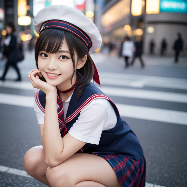 (a gorgeous Asian lady, her age is classified, squatting at Shibuya Crossing Tokyo, the beauty of emptiness under night sky. She's dressed in Japanese Highschool Uniform, silver digital neck choker, white blouse with a sailor-style collar, a blue pleated skirt, feminine_pure_natural, Serafuku, Seifuku, Sailor Uniform, JK Uniform, Buttons, Red Ribbon, Red Tie, Red Neckties, Red Bolo Ties, Red Neckerchiefs, Red Bows, Sailor Collar, Sailor Hat, Western-style plaid skirts, knee-high socks, blue blazers, blue vests, beautiful detailed face, beautiful detailed eyes, dimpled smile, kind & friendly smile, short straight hair, bob hair, ponytail, black_medium_length_hair_and_bangs, cute snaggletooth, ample round bosom, strengthened chest, Fit & Healthy body proportion, photorealistic, hyper-realism, high contrast, ultra HD, realistic skin textures, top image quality, top-quality, super high resolution, fine details, very meticulously, bokeh background, full_body-shot, vivid colours, masterpiece) #aliceinborderland