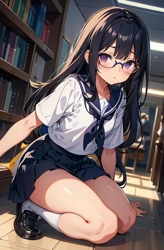 -year-old Large Breasts、 k Haiong Hair Purple eyes 1 person Glasses Short-sleeved sailor uniform Navy blue mini skirt White panties White socks sneakers School Library squat Dynamic Angle Low - Angle