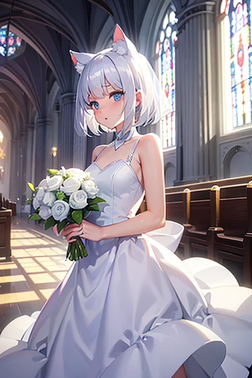 White cat ear girl,Short Hair,Blue Eyes,Wedding dress,church,I love you!
