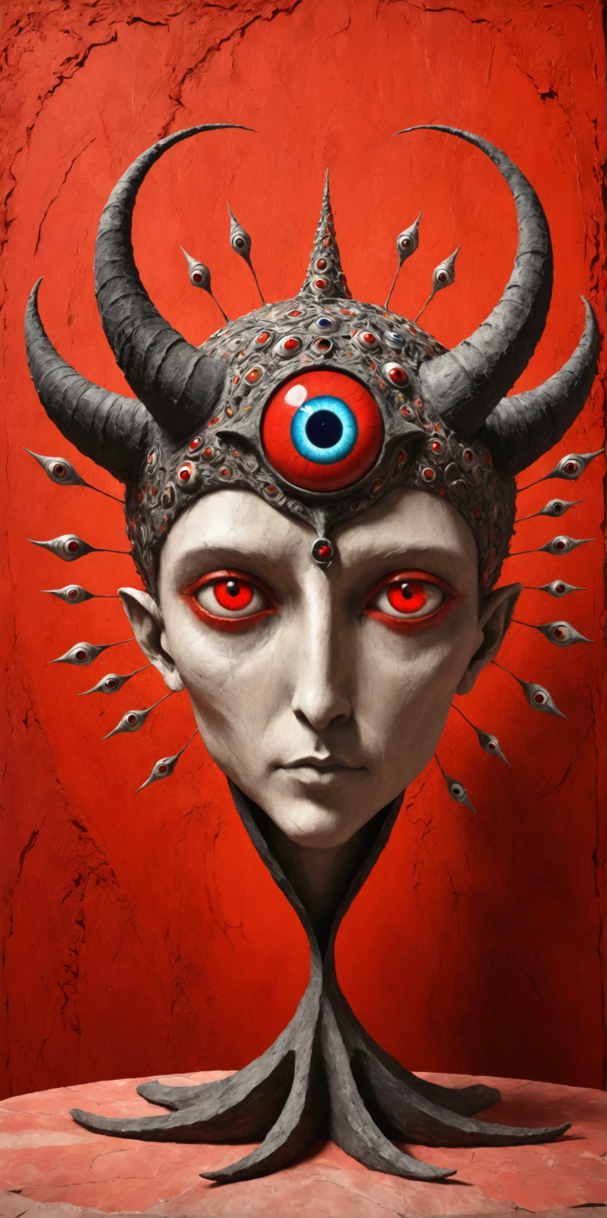 3D Abstract Sculpture,Craft design,weird,Horns on the head - long,The third eye on the forehead,Eyeball Crown,whole body,Abstract Art,Surrealism,Red background,panoramic,Wide Angle