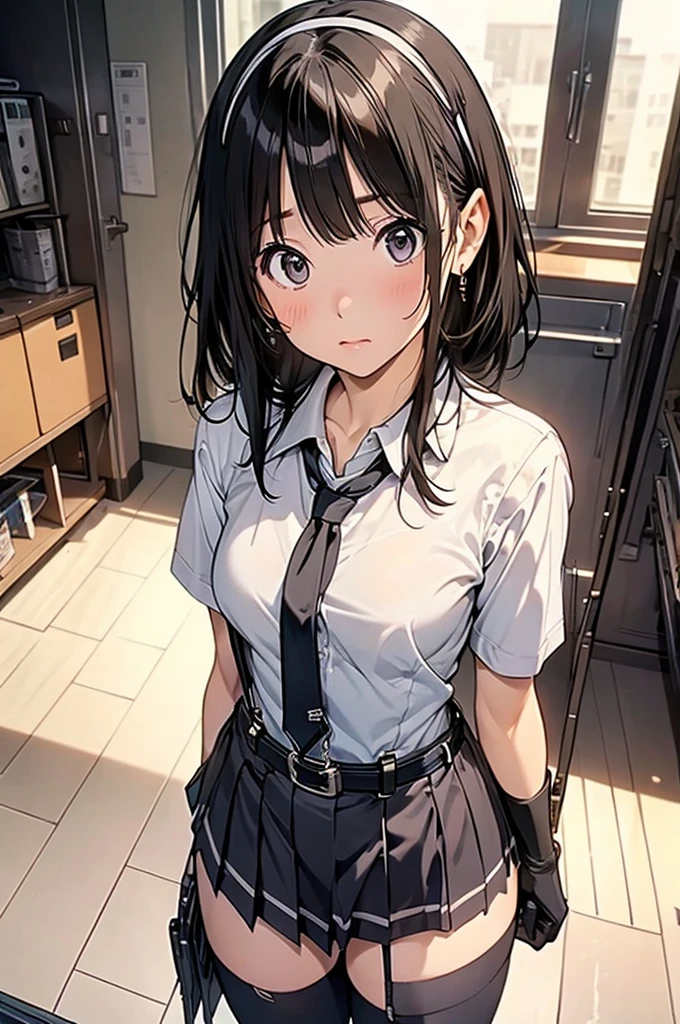 1 female, , high quality, masterpiece, Ultra-high resolution, , Cinema Lighting, , , And the suspenders with the cranes flying Moderate breasts Large Breasts Small face holster Lying in bed Looking up Sweat belt summer 脇Sweat Black Hole Gloves suit garterbelt Leg Links ズボンにbelt holster Hands behind your back Anxious expression Looking up Anxious face Knee-high Knee socks Knee-highソックス garterbelt garter ふとももにgarterbelt Checkered mini skirt Necktie Headband ribbon