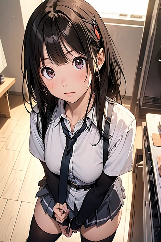 1 female, , high quality, masterpiece, Ultra-high resolution, , Cinema Lighting, , , And the suspenders with the cranes flying Moderate breasts Large Breasts Small face holster Lying in bed Looking up Sweat belt summer 脇Sweat Black Hole Gloves suit garterbelt Leg Links ズボンにbelt holster Hands behind your back Anxious expression Looking up Anxious face Knee-high Knee socks Knee-highソックス garterbelt garter ふとももにgarterbelt Checkered mini skirt Necktie Headband ribbon
