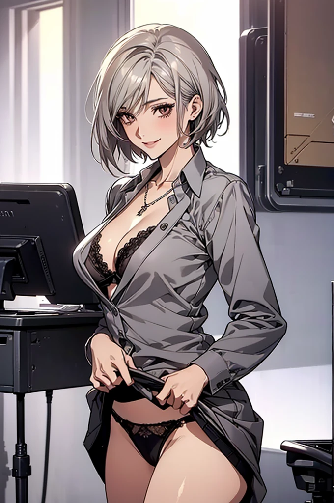 (Highest quality, High resolution, Very detailed), Silver Hair, Super short hair, Reddish brown eyes, office staff suit skirt, lace thong bra, Large Breasts, Perfect Makeup, necklace, secretary, 24th generation, Beautiful woman, mature, quiet, Calm, A small smile, office,