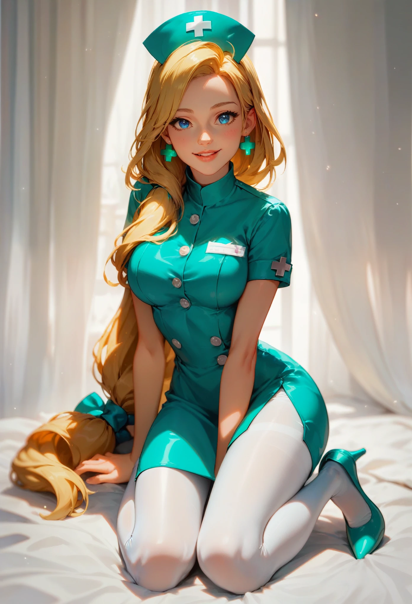 score_9, score_8_up, score_7_up, source_cartoon, looking at viewer, hourglass figure, face focus, 1 girl, solo girl, pretty face, cute girl, large breasts, blond hair, long hair low tied, blue eyes, infirmary kneeling, whole body shot, kind smile, parted lips, hud_nrse_vintg, white nurse cap, white pantyhose, mint green dress, white buttons, short sleeves, jewelry, earrings, breasts, mint green high heels,