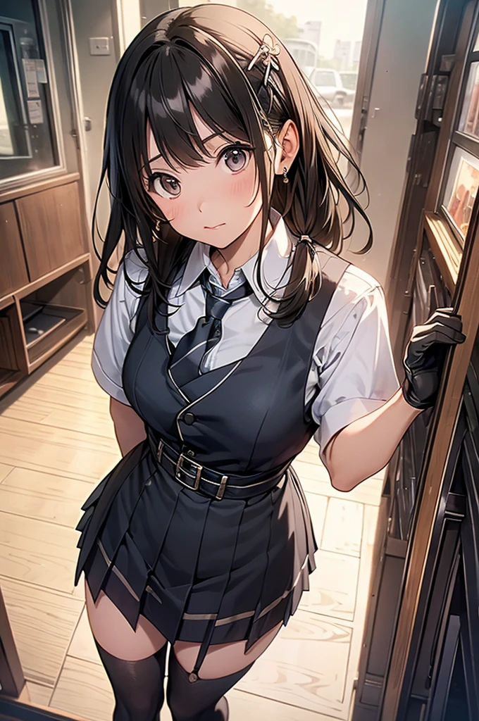 1 female, , high quality, masterpiece, Ultra-high resolution, , Cinema Lighting, , , And the suspenders with the cranes flying Moderate breasts Large Breasts Small face holster Lying in bed Looking up Sweat belt summer 脇Sweat Black Hole Gloves suit garterbelt Leg Links ズボンにbelt holster Hands behind your back Anxious expression Looking up Anxious face Knee-high Knee socks Knee-highソックス garterbelt garter ふとももにgarterbelt Checkered mini skirt Necktie Headband ribbon