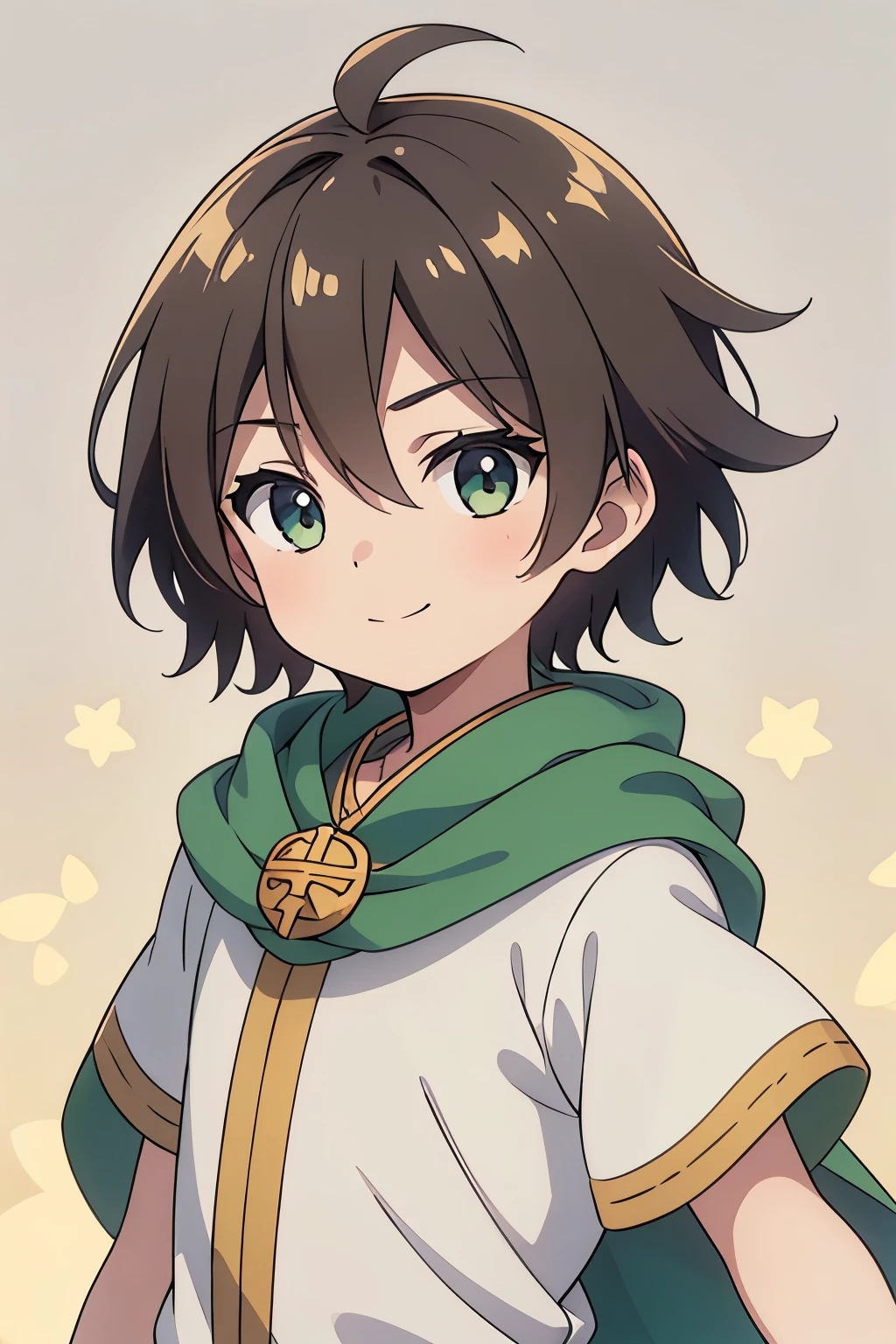 (high-quality, breathtaking),(expressive eyes, perfect face) 1boy, male, solo, , short height, age 5, darkown color hair, green eye color, spiked fluffy hair, wavy hair, short hair length, cute smile, childlike face, white tunic, gold trim, green scarf cape, Symmetrical Eyes, portrait, positive expression, grey background, Olympian god greek clothes, Hades Style clothing,
