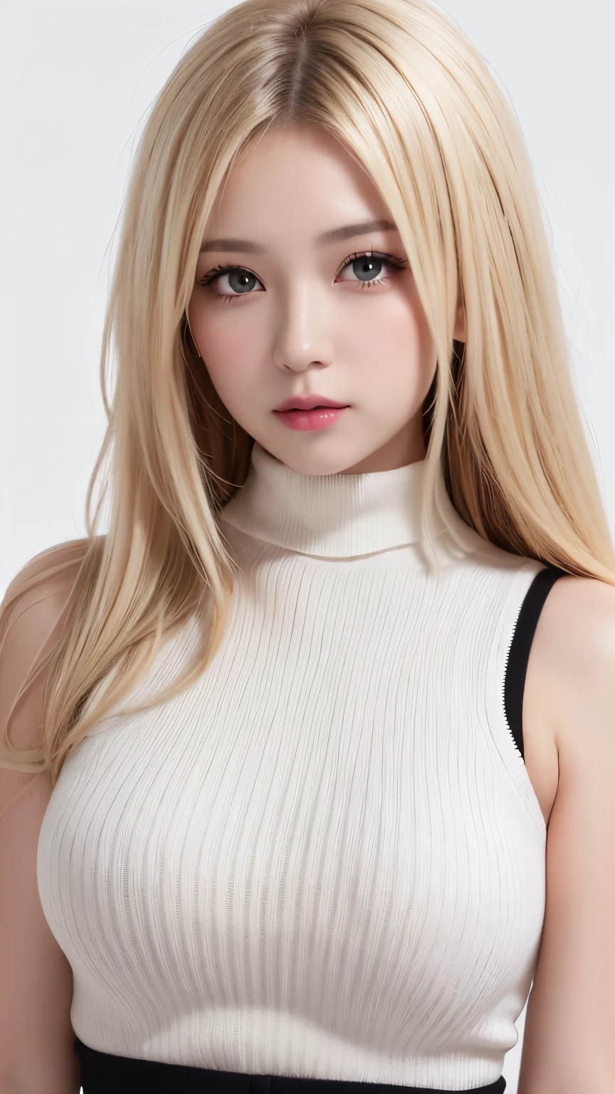 (((forehead、Extreme pose、Big Breasts、A calm face、High neck sleeveless knit、White Blonde Hair、Waist-length hair、Northern Europe、White、beautiful girl、Blonde、White background、cute、Young、True Face、Shiny Hair、whole body)))、table top, highest quality, figure, super detailed, finely, High resolution, 8k wallpaper, Perfect dynamic composition, detailed and beautiful eyes, Deco out,bionde, medium hair, big breasts, Natural color lip,white background, random cute poses,