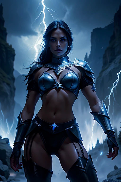 pornstar, evil beautiful and muscular, Nordic female, towering storm Giantess with blue black hair in a ponytail, older and mature woman, throwing a lightning ball, glowing tattoos, wearing steel runic plate mail Armour , temple cave background with lightning storm, glowing blue eyes, square jaw, powerful and imposing, winter clothing