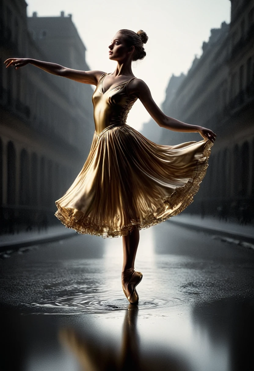 (mercure composé d'une ballerine : 1.8) rising from a puddle of liquid mercury, extremely shiny and smooth surface texture, surface polie, reflective, angle de 45 degrés par rapport à l'avant, classical dance pose, Danser sous une pluie de mercure, goute de mercure, masterpiece, best quality, 1fille, bare, Delicate face, white skinned woman, Silhouette transparente, golden dress, tout le corps,Outside,shadowy,Blurred background, Dé-focalisation de l'arrière-plan