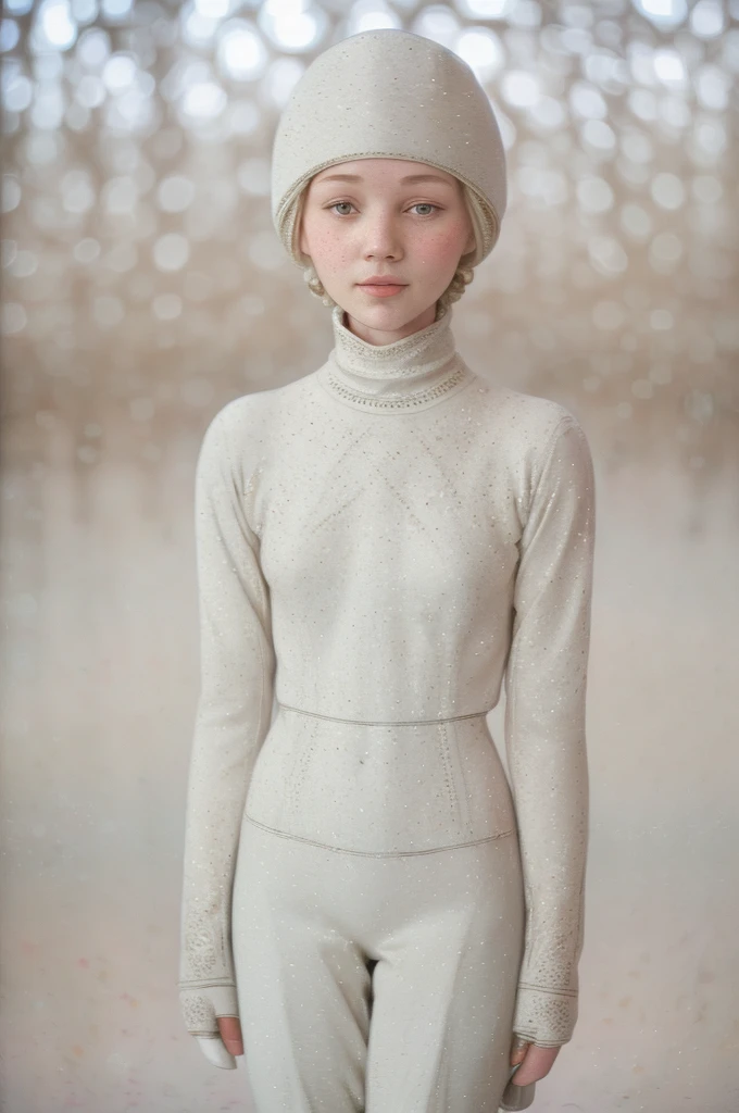 full body photo, (slender woman:1.4), spread legs, legs up, flushed cheeks, cute winter clothes, white sweater with turtleneck and cargo pants, freckles, (beige theme:1.2), winter, snowing, (blurry unfocused faded vintage analog photo, film grain, depth of field, bloom, haze, chromatic aberration, lens distortion:1.6)