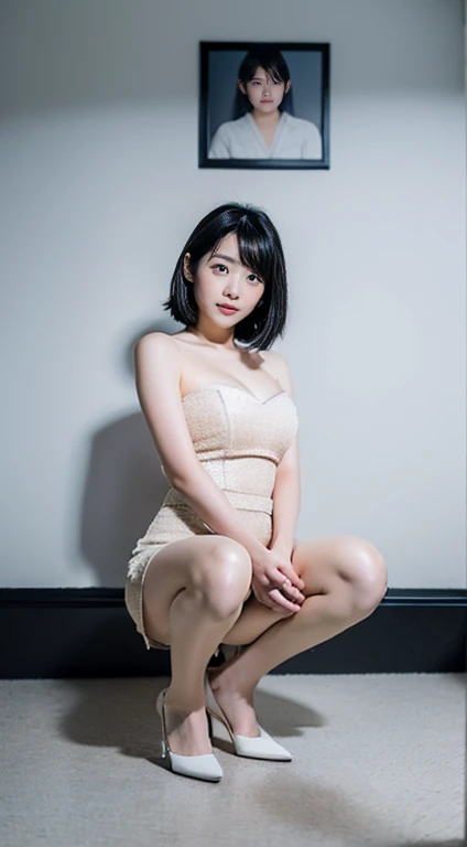Japanese,Mature Woman, (alone), 20-year-old, (double),whole body,Black Hair,short hair,Glamour, Pure white skin, Photographed from the front,Observe the audience、(Race Queen)、(Black high heels),In front of a white wall、Squat,Spread your legs,Hands behind back