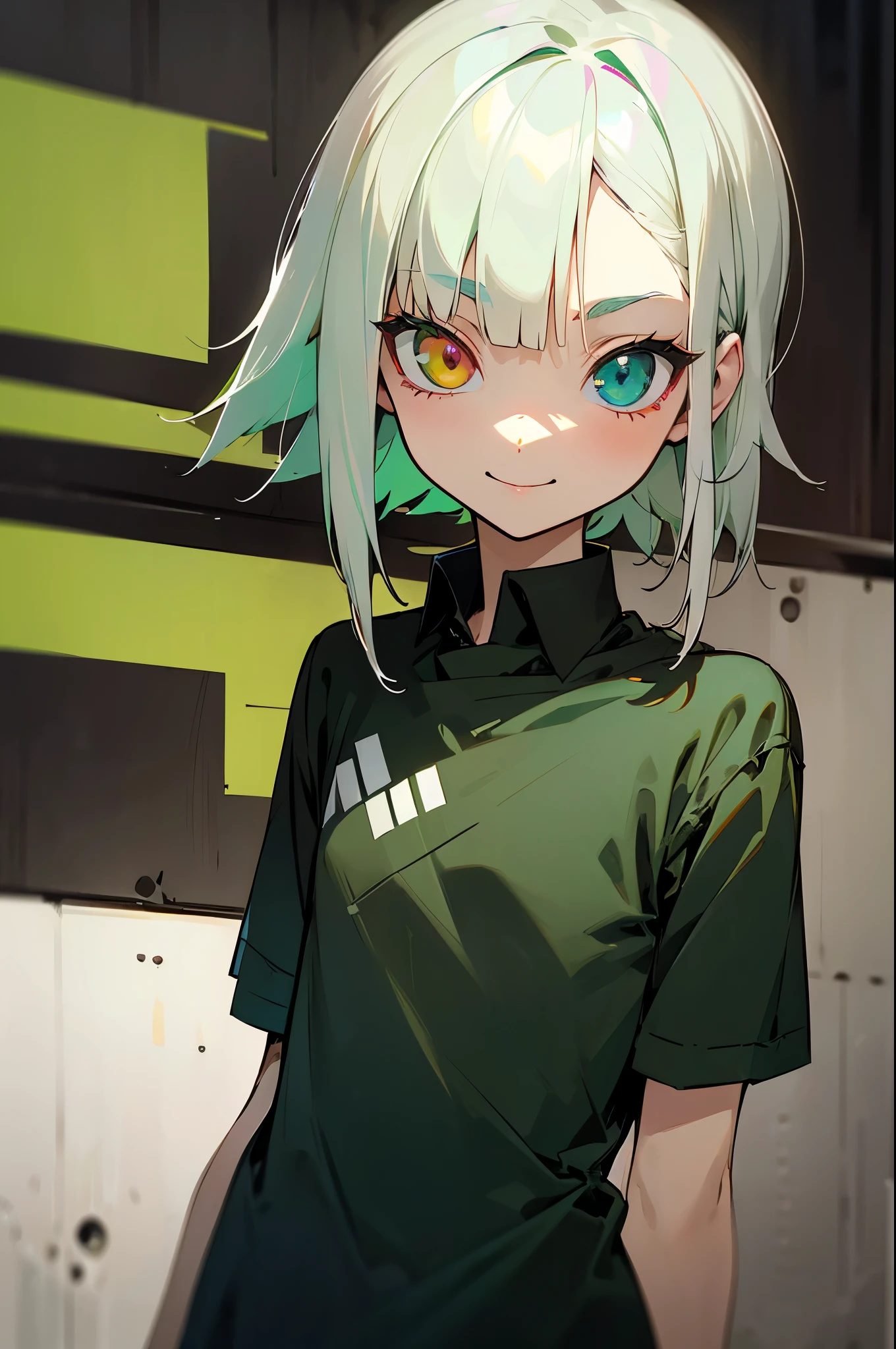 (((gir))),(middle body shot),(split-color hair),(split-color green hair and white hair),(Medium-Length Hairstyles),(Heterochromia), downtown, cute girl, urban upbringing,oversize black short sleeve t-shirt,1boy,niji,smile,mecha girl
