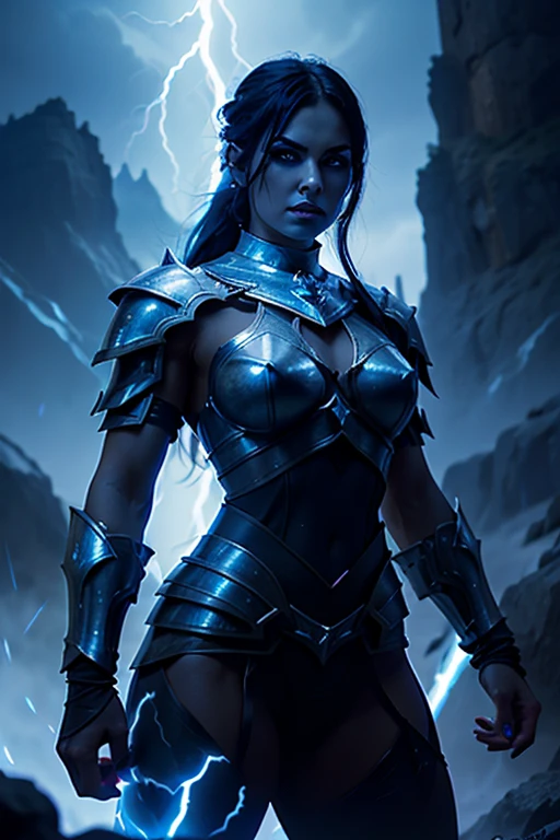 pornstar, evil beautiful and muscular, Nordic female, towering storm Giantess with blue black hair in a ponytail, older and mature woman, throwing a lightning ball, glowing tattoos, wearing steel runic plate mail Armour , temple cave background with lightning storm, glowing blue eyes, square jaw, powerful and imposing, winter clothing