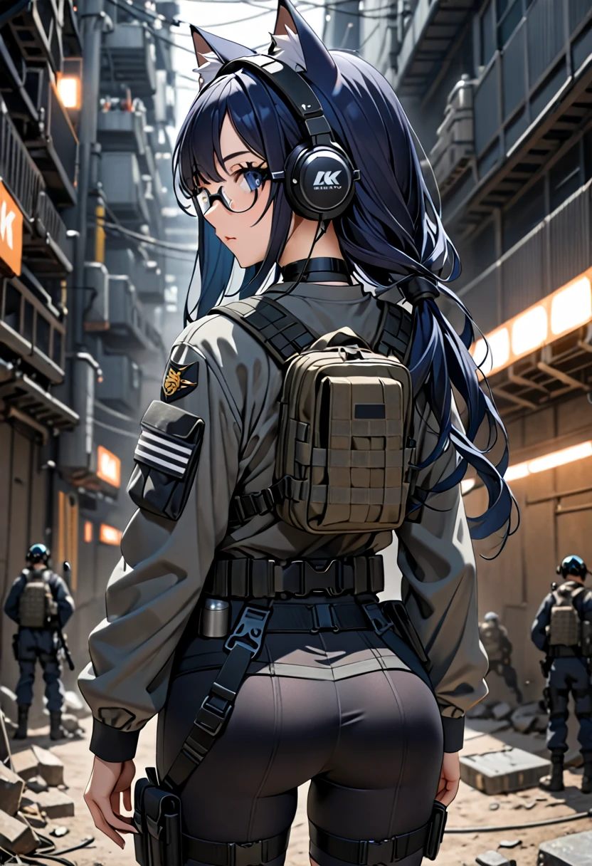 8K Ultra High-Quality, ultra-detailed, High quality, Dark Blue hair, Long hair, Headset, Goggles, cat girl, Grey Tactical clothes, Military clothes, black spandex under clothes, body harness, Looking at viewer, choker, glasses, full body, close up, back view, facing away from viewer, back of the head