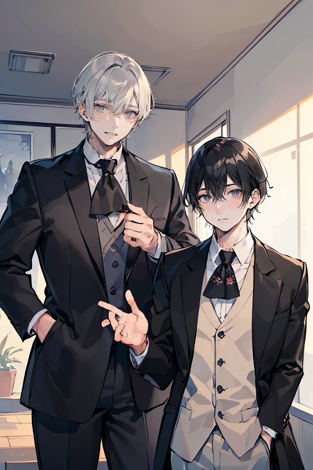 (Mastepiece), (Best Quality), Very detailed, (((Two friendly men:1.5))), Perfect Face, Beautiful Face, Very detailedな顔,(Black-haired man:1.3),(Grey-haired man:1.3),Boys' Room、Plain loose T-shirt