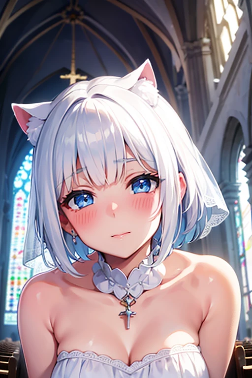 White cat ear girl,Short Hair,Blue Eyes,Wedding dress,church,Blushing,Gazing at you,Face close-up