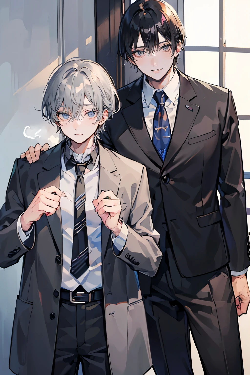 (Mastepiece), (Best Quality), Very detailed, (((Two friendly men:1.5))), Perfect Face, Beautiful Face, Very detailedな顔,(Black-haired man:1.3),(Grey-haired man:1.3),Boys' Room、Plain loose T-shirt