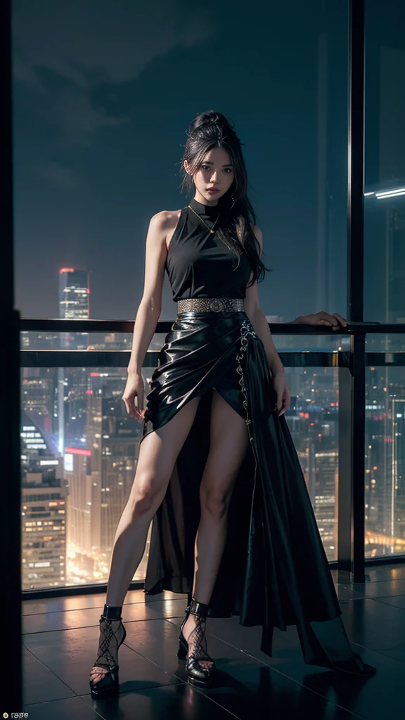 cinematic landscape for hyperrealistic photography, (masterpiece, top quality, ultra-detailed, official art, best quality, beautiful and aesthetic:1.2), 4k, 8k, Dimly lit environments, 24bit colors, raw of a stunning film noir still photograph,  
﻿
(Futurism, Eastern Aesthetics, Surrealism,scenery, outdoors, skyscrapers, sin city style), 
(a very beautiful girl/ruanyi0801, very sexy expression, black hair, one bun, long hair, revealing clothes, jewelry, chainmail, sleeveless, tight skirt, cowboy shot) is overlooking the (magnificent night view of the city/skyscraper, super high rise building, rendering, 600 meters, glass curtain wall, night view of cityscape, glowing neon lights, dusk) and holding a glass of champagne in one hand  and attempting to climb over the railing on the (top floor of the skyscraper/outdoor terrace), 
The distant and ethereal skyscraper (a mythological building) as the background, a recluse with a transcendent spirit, has skin fairer than snow, (standing alone atop a tall building/Dance posture). She comprehends all things under heaven, masters the six types of vital energy, and ascends the path of virtue. Who would bother with the trivialities of worldly affairs, considering the whole world as their concern?
﻿
dramatic cinematic film lighting, subsurface scattering, atmospheric lighting, imperfections, natural, shallow dof, sss lighting, perfect hands, 
﻿
very strong contrast, dramatic Lighting,
strong visual contrast, terrifying, 
Tsutomu Nihei, cinematic film style, special effects, VFX, award-winning picture, highly detailed, ultra-high resolutions, 32K UHD, sharp focus,
﻿
(photorealistic:1.5), (Extremely realistic, masterpiece, top quality, official art, best quality, beautiful and aesthetic:1.2), 4k, 8k, 
very rich details, 