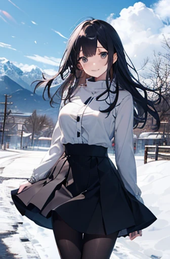 （Cute older sister:1.3）、Long eyelashes、smile,Spring atmosphere、noon、Aggressive、((Strong winds))、Black Pantyhose、Shining Eyes、Beautiful Mountain々、snow,Big Breasts