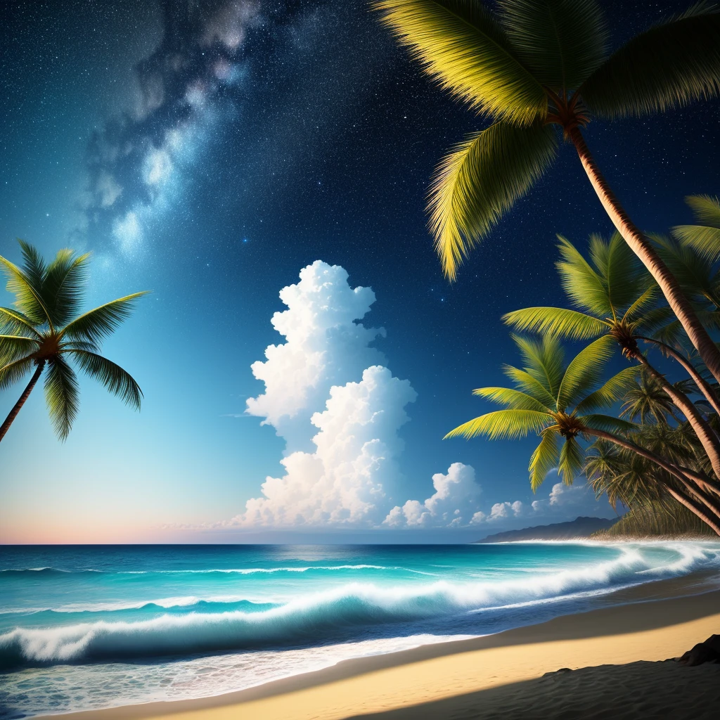 Wave, Sandy Beach, Palm tree, Starry Sky
