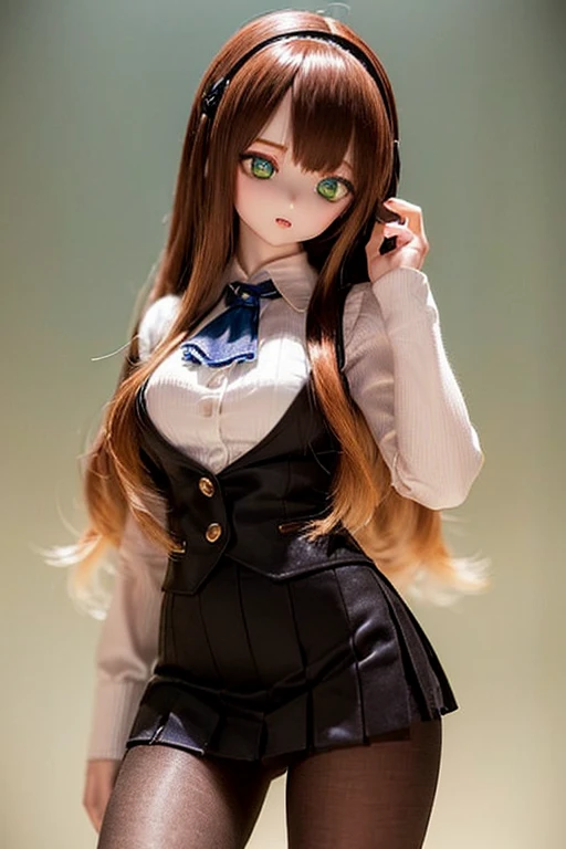 (SFW:2), photorealistic, realistic photo, 8k, ((highest quality)), ((masterpiece)), (extremely detailed), kukolnydom, doll, (mature woman, 22yo, 22 years old, solo:1.6), ((cowboy shot, standing, slim, slender, skinny, medium breasts, hairband, ascot, vest, blouse, long puff sleeves, pleated skirt, black pantyhose)), (green eyes, brown hair, long hair, plastic skin, looking at another, glass eyes, gradient eyes, shining eyes, detailed eyes:1.3)