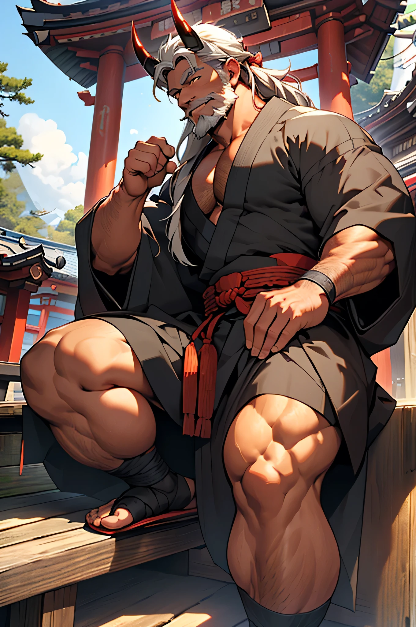 Man with horns，40 years old，Long Hair，Gray Hair，Masculine face，smile，beard，Black kimono with an open chest，geta，Red belt，burly，(best quality)，((8k))，((extremely detailed))，((ultra quality))，Sitting on the roof of a shrine，Japanese god，high resolution，detailed，masterpiece，