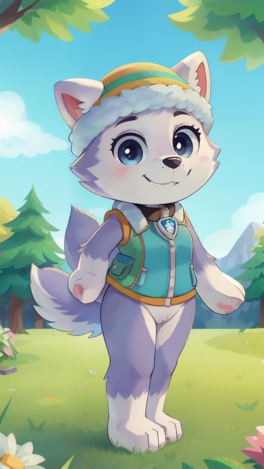 female, solo, female focus, looking at viewer, three-quarter portrait, smile, :3, furry, anthro, 
small breasts, skinny, 
everestpawpatrol, everest \(paw patrol\), raised tail, tailwag, detailed body fur, detailed eyes, detailed face, gorgeous body, shiny body fur, glistering body fur,
hat, collar, vest, clothed animal,
park, outside, blue sky, sun, sunlight, full body, feets with three toes, standing, short body, tiny body,