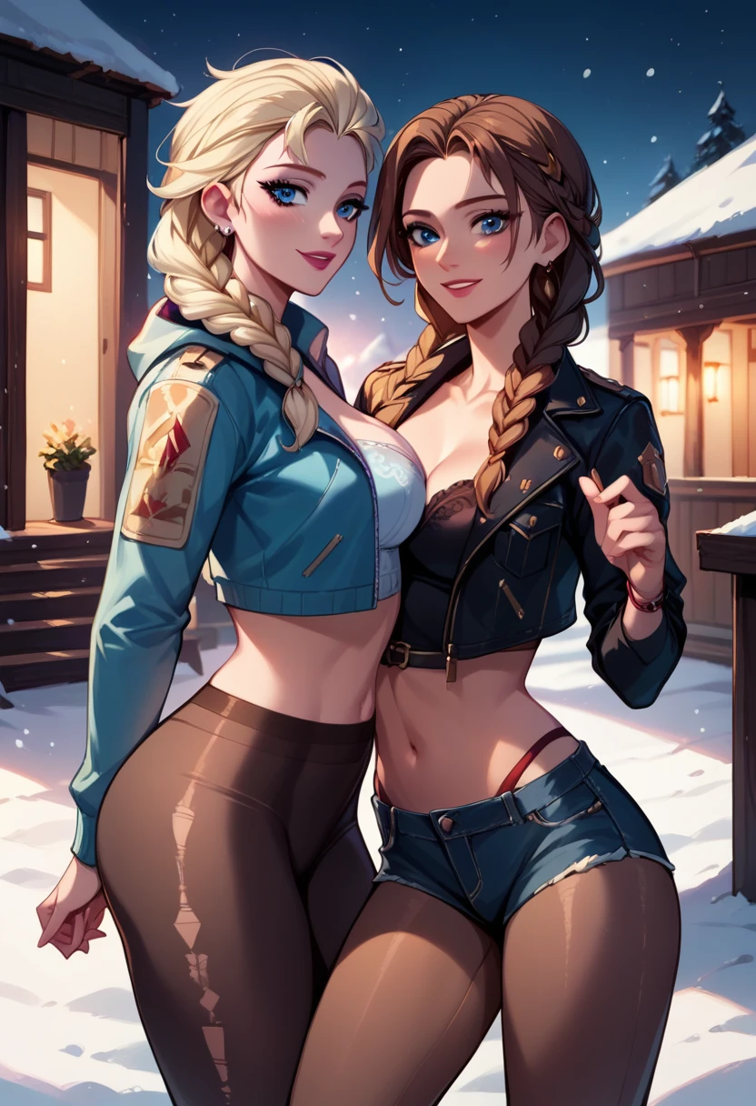 score_9, score_8_up, score_7_up, score_6_up, 2girls, elsa (blonde hair, braid:1.1) and anna (brown hair, braided pigtails:1.3),, (sexy tights, cropped puffer jackets:1.2), navel, romantic scenes, on dates, snowy scene, lovers, in love, cinematic lighting,, sunset, cowboy shot.