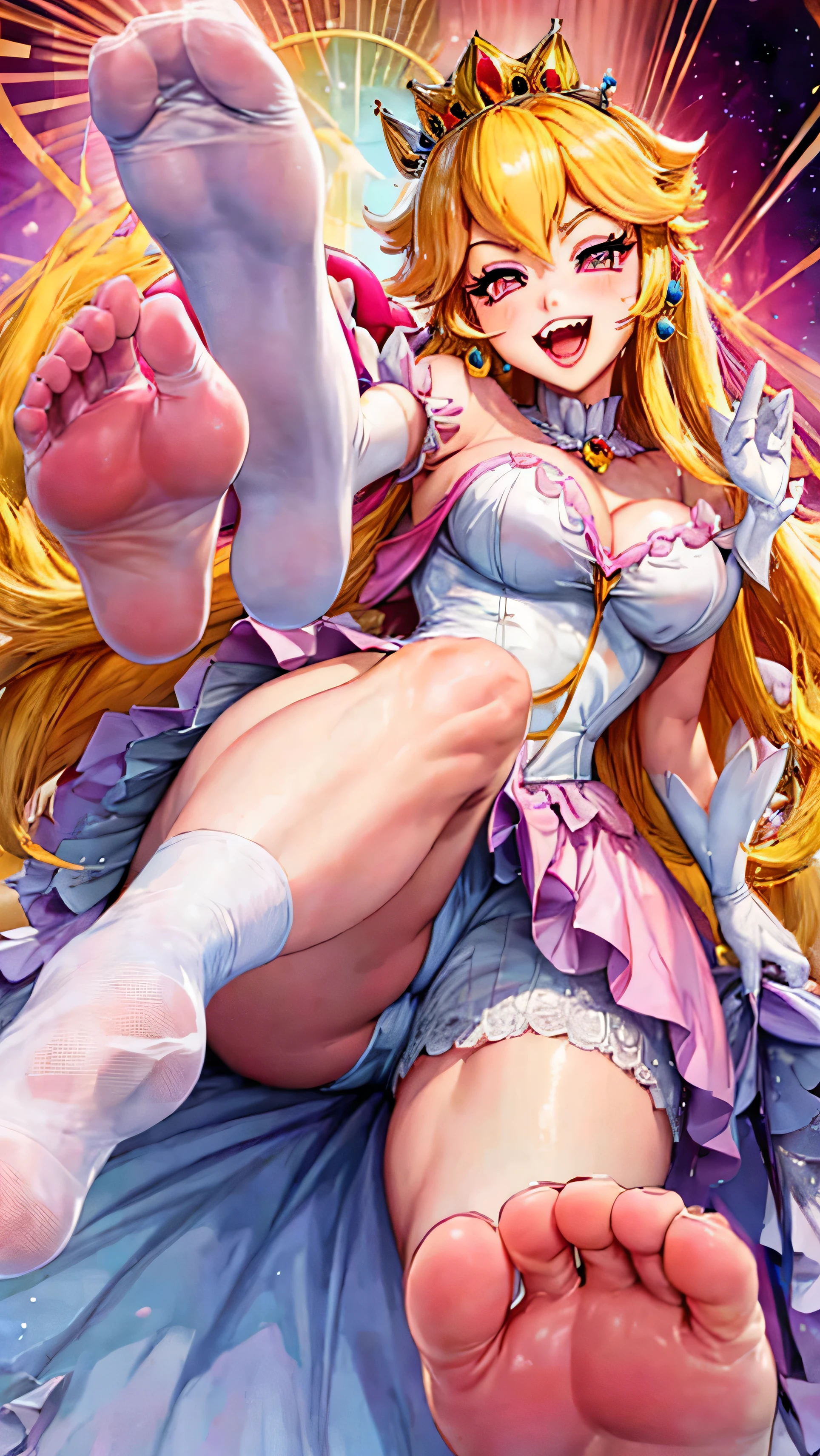 Princess Peach humiliating your little dick with her foot sole while she is laughing and making a L with her fingers