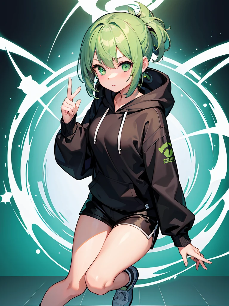 Masterpiece,High Quality,(Full Length 1.2),Animated Standing, Black Shorts,(Black and White Open Hoodie),Black Open Hoodie,(Green Hair 1.4),Animated Girl with short green hair and green eyes,(Detailed Eyes 1.6),(Clear Eyes 1.4),(Beautiful Eyes 1.4),(Shining Eyes 1 .4), White cyan, Green hair, Detailed key animated art, Animated portrait, Shining eyes, Green haired girl, Green light hair, Black shorts, Gray shoes, White socks, Thighs, 4K