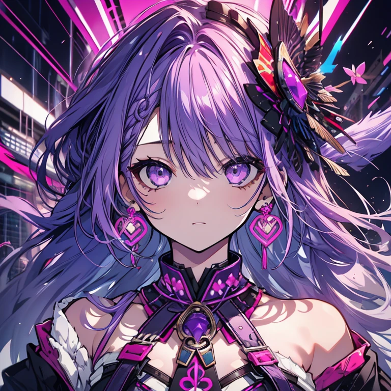 1 girl、Mature、Ample breasts、Purple Hair、Long Hair、Tribal pattern、Punk costumes、Bust-up perspective、Big earrings、High resolution、Highest quality、