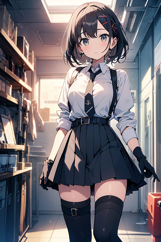 1 female, , high quality, masterpiece, Ultra-high resolution, , Cinema Lighting, , , And the suspenders with the cranes flying Moderate breasts Large Breasts Small face holster Lying in bed Looking up Sweat belt summer 脇Sweat Black Hole Gloves suit garterbelt Leg Links ズボンにbelt holster Hands behind your back Anxious expression Looking up Anxious face Knee-high Knee socks Knee-highソックス garterbelt garter ふとももにgarterbelt Checkered mini skirt Necktie Headband ribbon