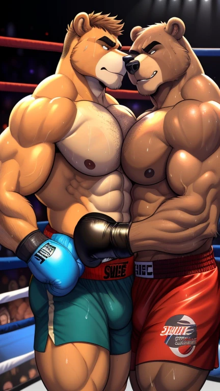 Duo male(Brown Bear vs Brown Bear, handsomes, handsome hairstyle, tails, Thick eyebrows), gay(cuddling embraced, body against body, on a boxing match), hot(Shirtless), handsomes(They are handsomes, correct anatomy), musculosos(Big muscle bodies, Six packs, muscle abs, big pecs, muscle backs, muscle legs), sweaty(very sweaty wet bodies, shiny sweat), tatuajes(they have tattoos), grumpy(Both have an grumpy expression, grumpy teeths, steaming breath), boxing gloves(They both are wearing boxing gloves), UFC boxers(they both are wearing ufc boxers), Hight resolution, by(Zourik:1.1), comic panels