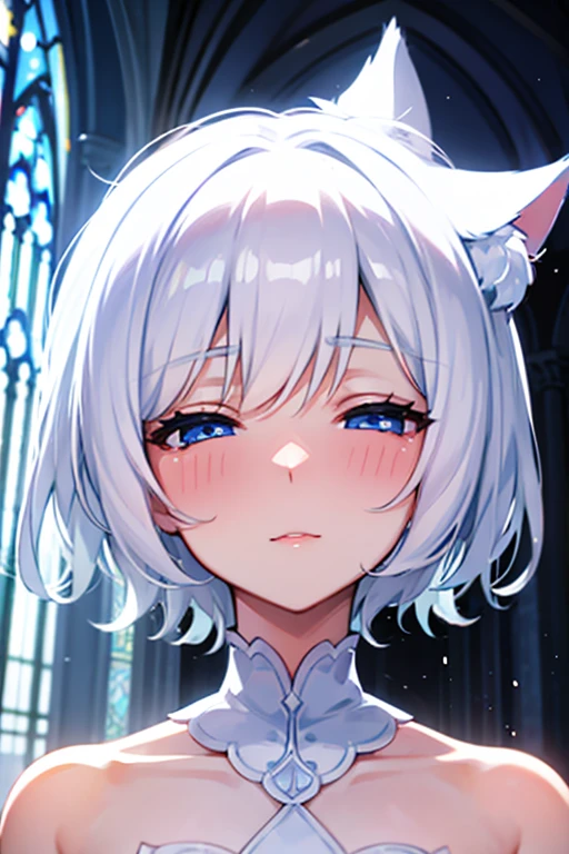 White cat ear girl,Short Hair,Blue Eyes,Wedding dress,church,Blushing,Gazing at you,Face close-up,closed eyes,shiny skin, masterpiece