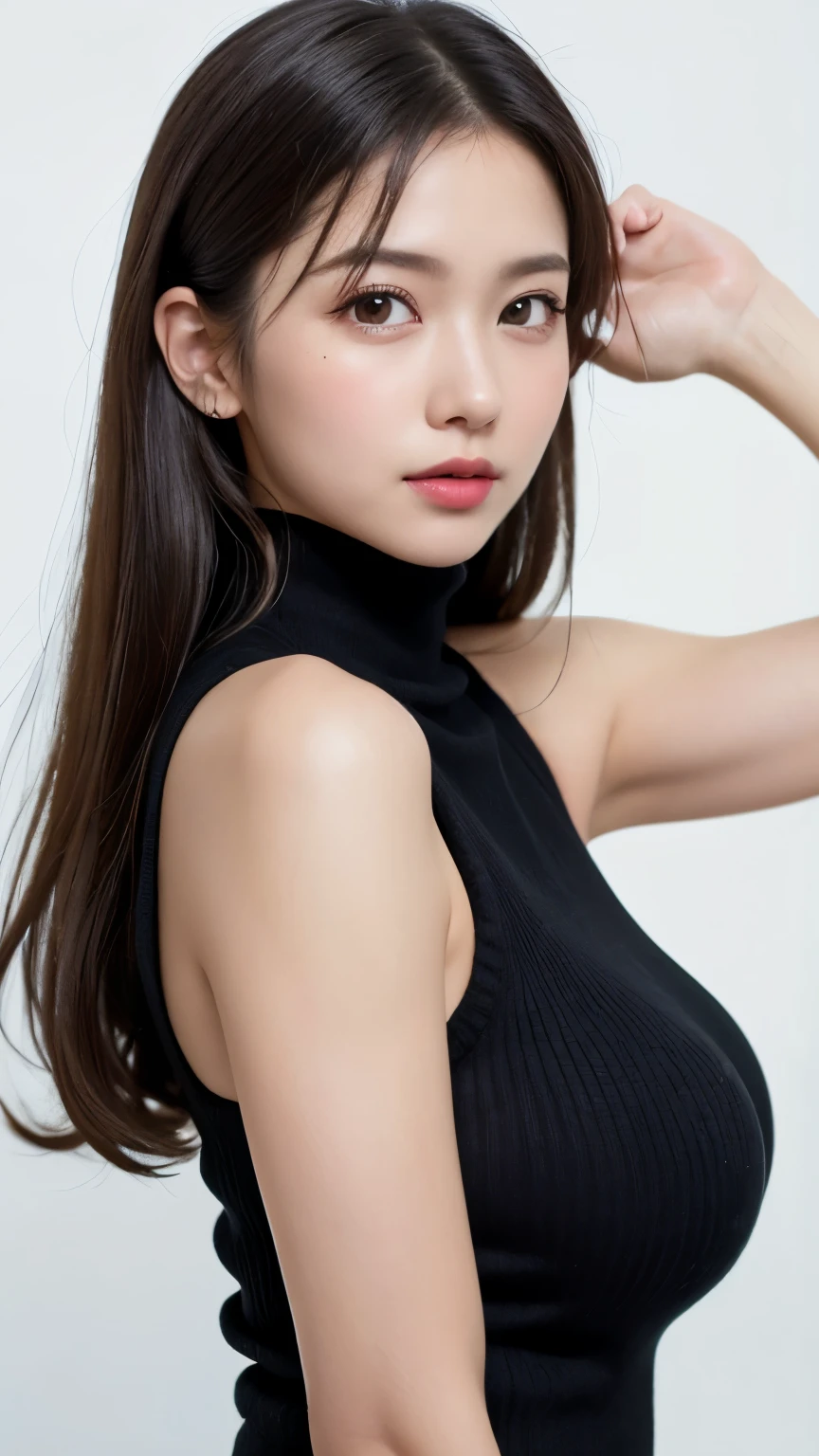 (((forehead、Big Breasts、Extreme pose、A calm face、long hair、Northern Europe、White、beautiful girl、Black Hair、White background、High neck sleeveless knit、cute、Young、True Face、Shiny Hair、whole body)))、table top, highest quality, figure, super detailed, finely, High resolution, 8k wallpaper, Perfect dynamic composition, detailed and beautiful eyes, Deco out,bionde, breasts, Natural color lip,white background, random cute poses,