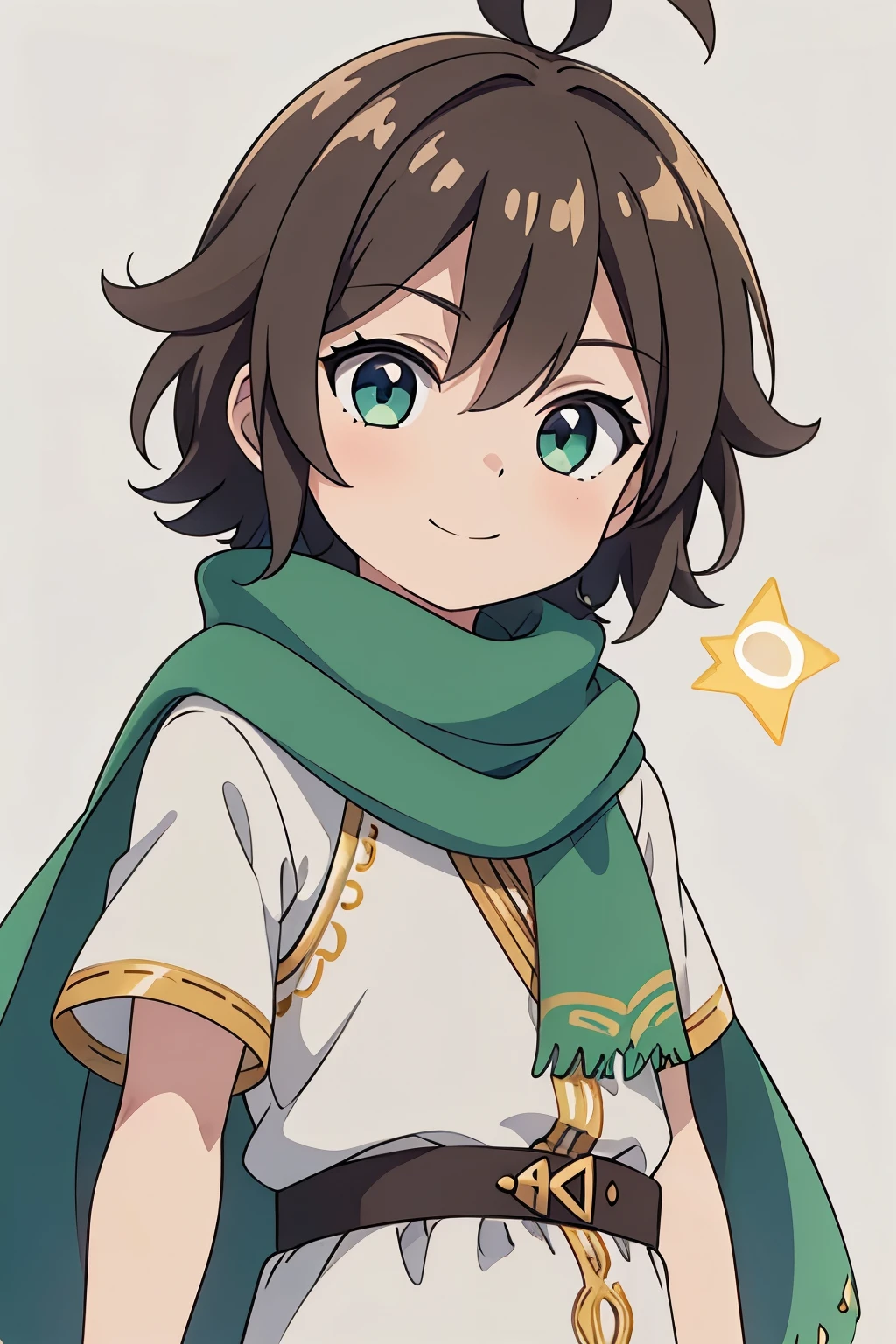 (high-quality, breathtaking),(expressive eyes, perfect face) 1boy, male, solo, , short height, age 5, darkown color hair, green eye color, spiked fluffy hair, wavy hair, short hair length, cute smile, childlike face, white tunic, gold trim, green scarf cape, Symmetrical Eyes, portrait, positive expression, grey background, Olympian god greek clothes, Hades Style clothing,
