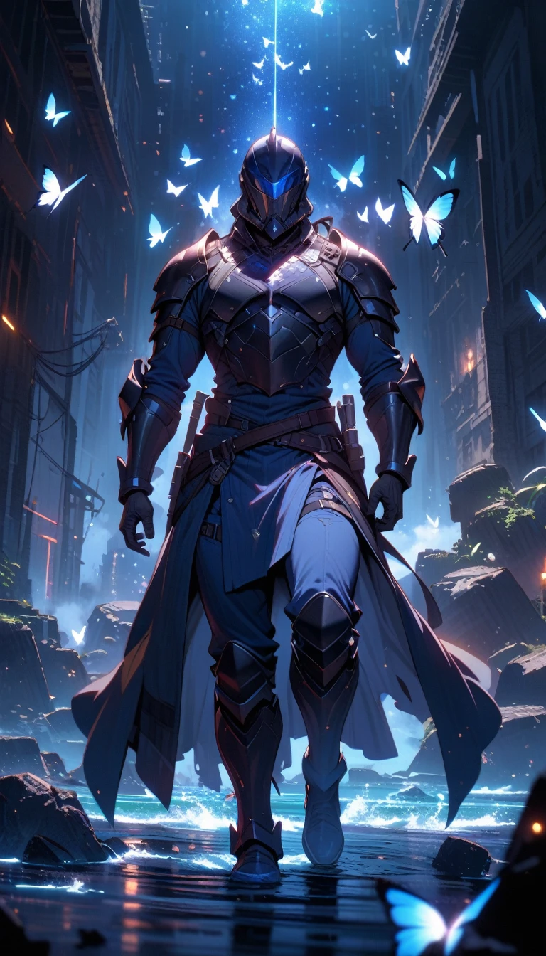 ((best quality)) , ((masterpiece)) , (detailed),1boy, male focus, solo, shirt, helmet, pants, denim, armor, facial hair, blue pants, gloves, beard, jeans, holding,((Beautiful butterflies in detail)),((Beautiful stars in detail)),(((halter dress ))),particle,(Starry sky in beautiful detail),(Hazy fog),(Ruins of beautiful details),(((Standing on the surface of the sea)))