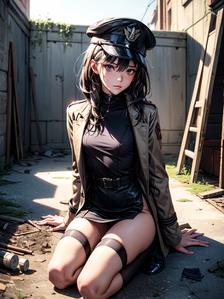 masterpiece, highest quality, (solo focus), 3/4 angle view, (perfect face:1.1), (high detail:1.1), dramatic, 1girl, ((erotic military outfit)), ((cutting edge outfit)), ((earth tone clothes)), skirt, thigh highs, coat tails, peaked cap, kneeling, holding rifle, solo, ((inguinal ligament)), detailed background, smoldering wasteland, abandoned town, purple embers, near-future, cinematic lighting,