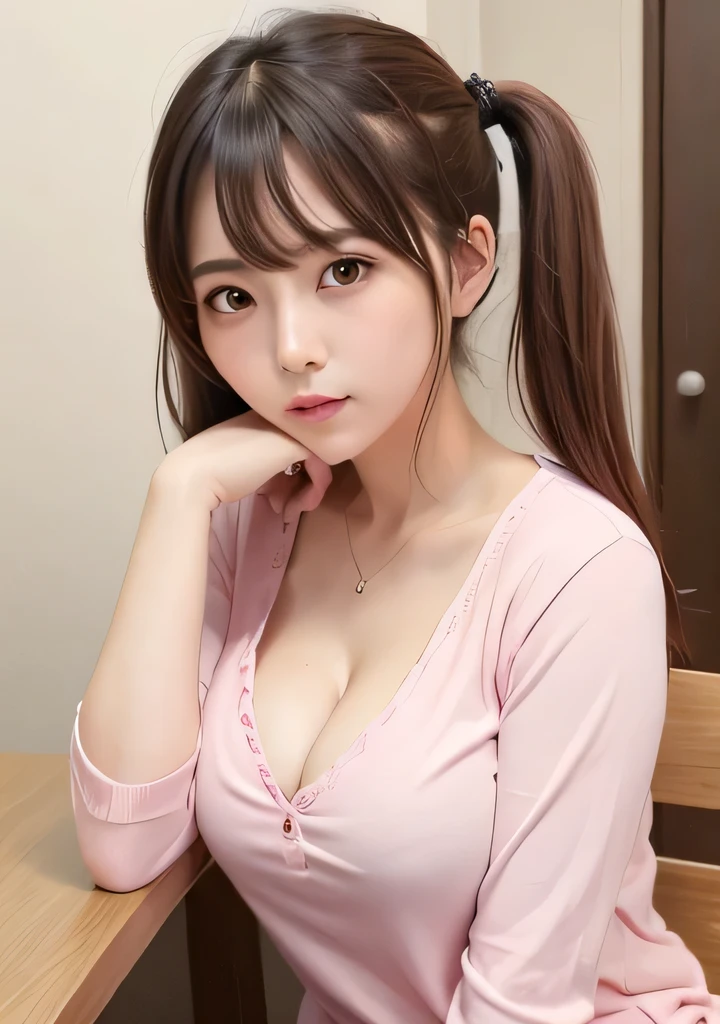 Highest quality、Cleavage、Big Breasts、slouch、Pink Shirt、Twin tails、Brown Hair