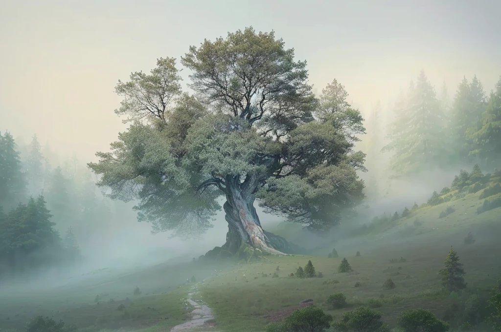 There is a big tree on the mountain, beautiful ancient Trees, breath - taking beautiful Trees, breath-taking beautiful Trees, Ancient Trees, Inspired by Igor Kieryluk, Trees. Painted landscapes, Fantasy tree, ancient Trees, Kerem couplet, Anthony Pittsott, Very realistic. FOG, Magic tree, metaphysical FOGgy environment