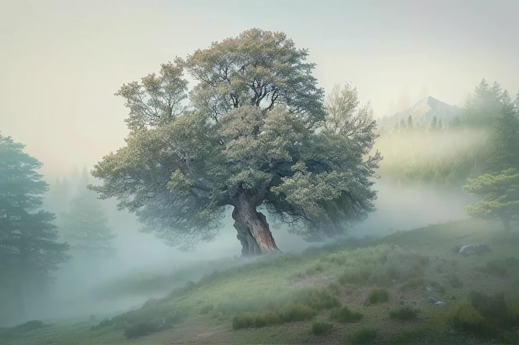 There is a big tree on the mountain, beautiful ancient Trees, breath - taking beautiful Trees, breath-taking beautiful Trees, Ancient Trees, Inspired by Igor Kieryluk, Trees. Painted landscapes, Fantasy tree, ancient Trees, Kerem couplet, Anthony Pittsott, Very realistic. FOG, Magic tree, metaphysical FOGgy environment