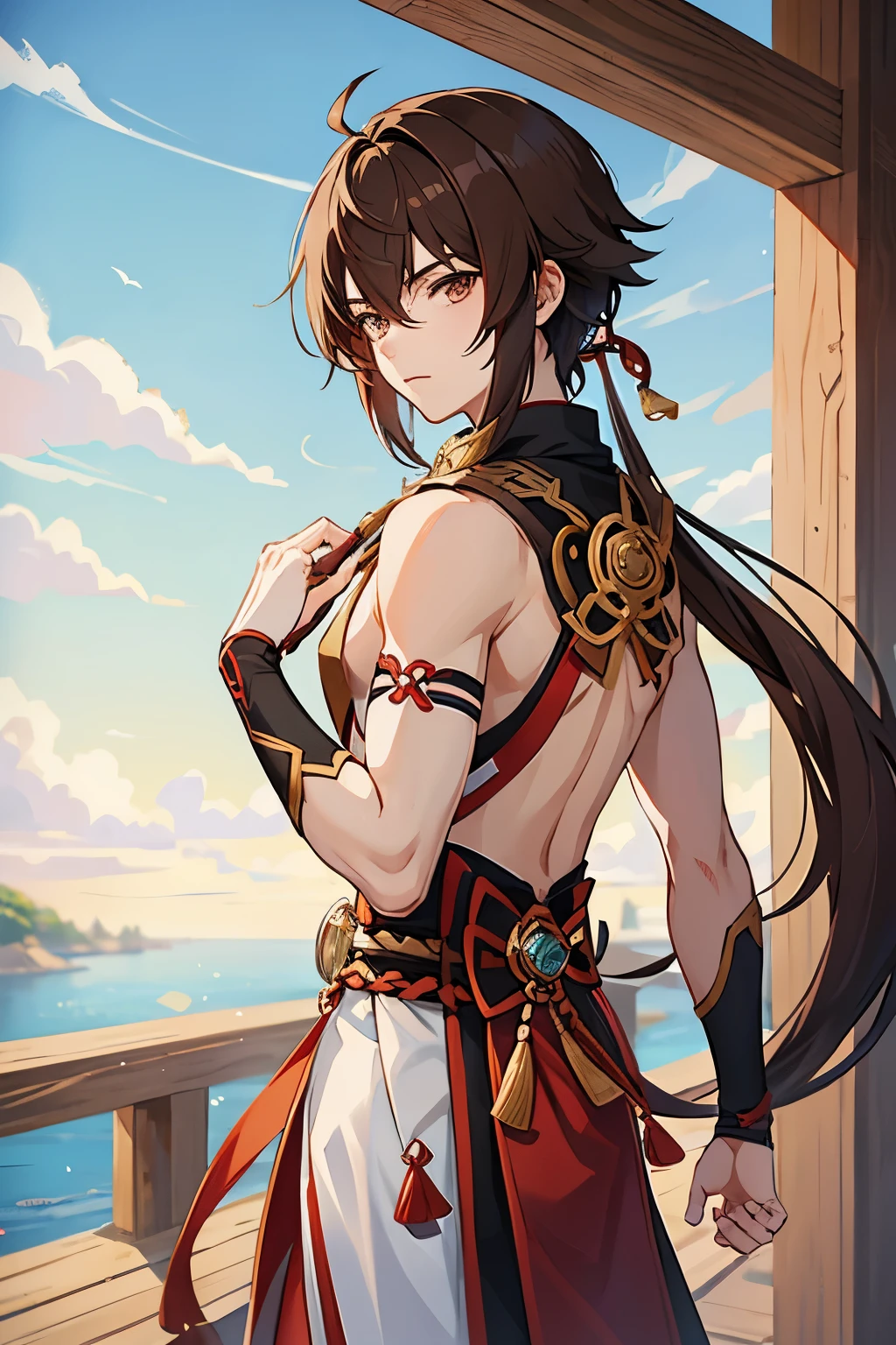 Anime boy, protagonist with a Brown Hair and Eyes, and right on his side is the Yae Miko from Genshin Impact