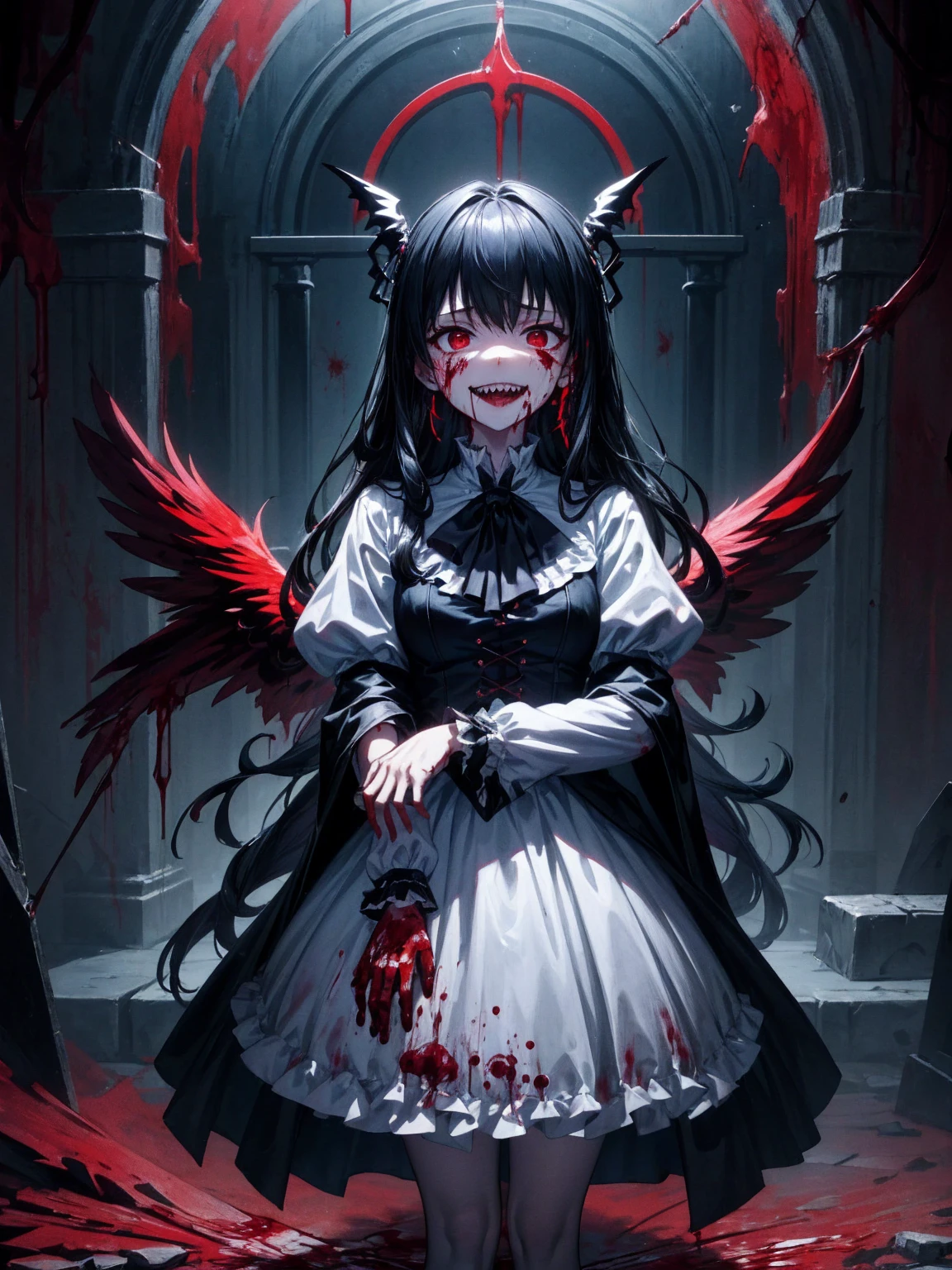 (Highest quality,4K,High resolution,masterpiece:1.2),Very detailed,Realistic:1.37,Spooky altar background,Dark fantasy,Red color scheme,Ominous atmosphere,Eye-catching,Storytelling,anatomy,Anime Style,Concept Art,beautiful細部までこだわった顔と (((Red eyes ))),A terrifying ritual ,Satanic Ritual,Premature death,inappropriate behavior,クレイジーなsmile,Scythe Face,Girl Monster, beautiful, Delicate facial features, Sharp Eye, Sharp Fangs, pale skin, Thick chain, Dark Background, Cinema Lighting, Dramatic Shadows, Gothic style, Gloomy atmosphere, Confused, High resolution, Very detailedな, (Three Girls:1.3), (Sleepy look, Laughter, missionary work) break , Scrapbooking, Memory Storage, Creative layouts, Mixed Media Collage, 個人的なStorytelling, Artistic documentation, keepsake albums break , Angular shape, Dynamic Movement, Bold geometry, Fragmented Shape, Striking contrast, modernist influence break ,sunny,winter,Back of the school building,men and women,Confession,School,School,reflection,,Friendly atmosphere, comfortable , Please open your mouth wide, Open your mouth and baring your teeth,Sharp teeth like a beast, Wide lips, very wide mouth, Vermilion cheeks, ,(Blood splatter:1.4),Scary smile, smile,Fallen angel design, Twisted smile、Bloody、bleeding from the head,,,,,、Blood splatter、,(Blood splatter:1.4),Crossbones, skull,Horror Style, ((Fantasy Fallen Angel Costume)), ((Flowing black hair)), ,(Blood splatter:1.4),Female curves, Sexy flat stomach, Perfect hands, Perfect anime face, ((White Lolita Dress)), Are standing, ((邪悪なsmile)), ,(Blood splatter:1.4), Steam circulates, Moonlight Illumination, night lighting, disaster々new devil horns,,(Blood splatter:1.6),アニメFallen angel design, Twisted smile、Bloody、bleeding from the head,,,,,、Blood splatter、,(Blood splatter:1.4),Crossbones, skull,Gothic architecture、Western architecture、Fantasy World、,Victorian cities, Skeleton Gas Light,Absurd, High resolution、 ((Tabletop)), ((Highest quality)), (Very detailedな), ((Very detailed)), (beautiful), ((pretty girl)), (NFSW:1.8), alone,(10 years old:1.6)、(world&#39;The most terrifying and creepy demon girl:1.5)beautiful face、Whole Body Ezbian、pale, Beautiful Skin、beautiful黒の髪、Smiling Kindly、Dark building ruins、(snow white&#39;Frill dress:1.3)、(The dark ruins are stained with blood:1.3)、Low angle full body shot、(少女は血の海の中にAre standing:1.5)、(The ground is full of blood:1.3)、(The girl lost a lot of blood...:1.3)、)、(クレイジーなsmile:1.6)、Spirits、(Blood dripping from the mouth:1.3)