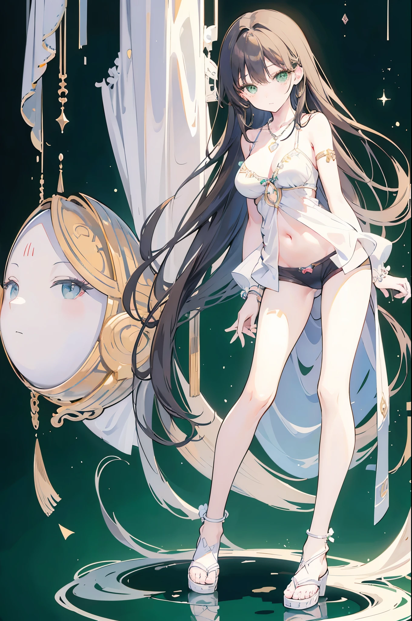 {{masterpiece}}, The best quality of life, 、Dark brown long hair down to the waist、Anime Girls with brown long hair, Cute female anime visuals,Anime full body illustration, Anime Moe Art Style, Anime characters, (Anime Girls)、(Green Eyes)、Expressionless adult woman、Small Necklace、((White background))、Black Bikini、Grey shorts、Green anklet、A woman standing in white sandals、Large Breasts,Woman standing facing the front、tall、Stylish woman