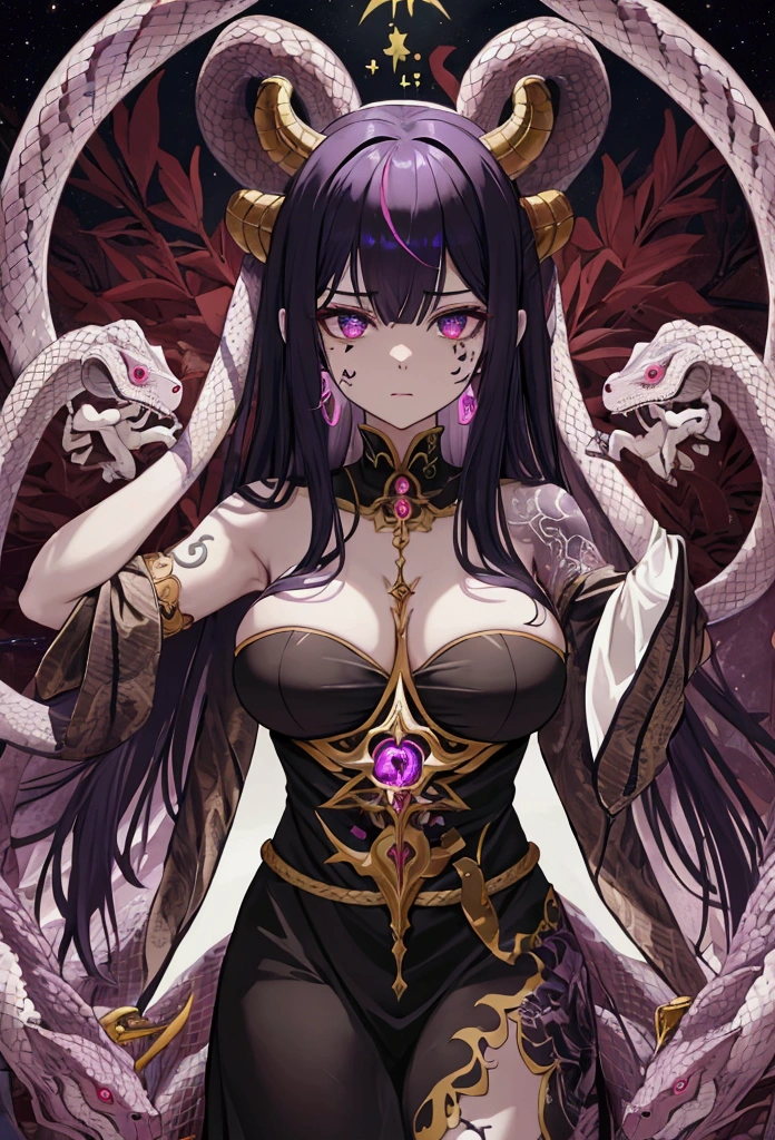 Highest quality, masterpiece, Ultra-high resolution, female、Big Breasts、Snake Beastman、Darkness Fell、Darkness attribute、Sick Heart、Black purple hair、Sick face、Negative aura、Ready your spear、Food、Strange line tattoos all over the body