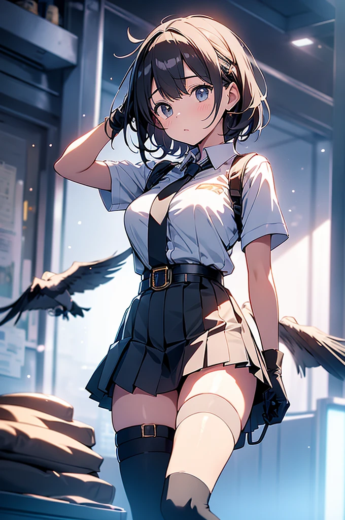 1 female, , high quality, masterpiece, Ultra-high resolution, , Cinema Lighting, , , And the suspenders with the cranes flying Moderate breasts Large Breasts Small face holster Lying in bed Looking up Sweat belt summer 脇Sweat Black Hole Gloves suit garterbelt Leg Links ズボンにbelt holster Hands behind your back Anxious expression Looking up Anxious face Knee-high Knee socks Knee-highソックス garterbelt garter ふとももにgarterbelt Checkered mini skirt Necktie Headband ribbon