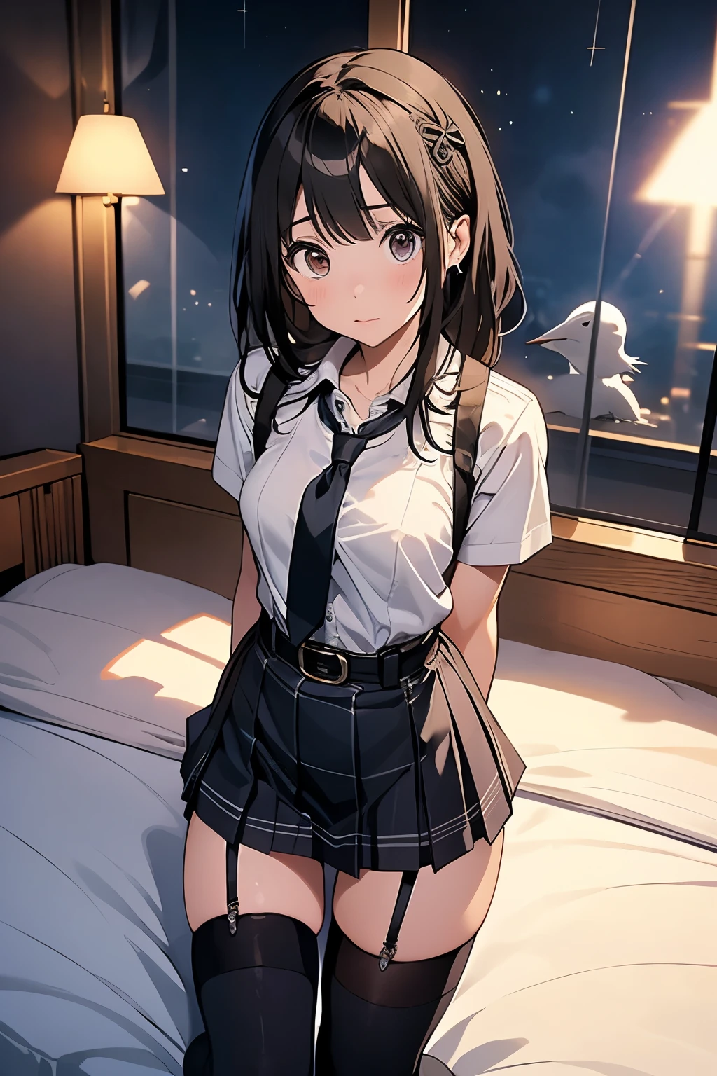 1 female, , high quality, masterpiece, Ultra-high resolution, , Cinema Lighting, , , And the suspenders with the cranes flying Moderate breasts Large Breasts Small face holster Lying in bed Looking up Sweat belt summer 脇Sweat Black Hole Gloves suit garterbelt Leg Links ズボンにbelt holster Hands behind your back Anxious expression Looking up Anxious face Knee-high Knee socks Knee-highソックス garterbelt garter ふとももにgarterbelt Checkered mini skirt Necktie Headband ribbon