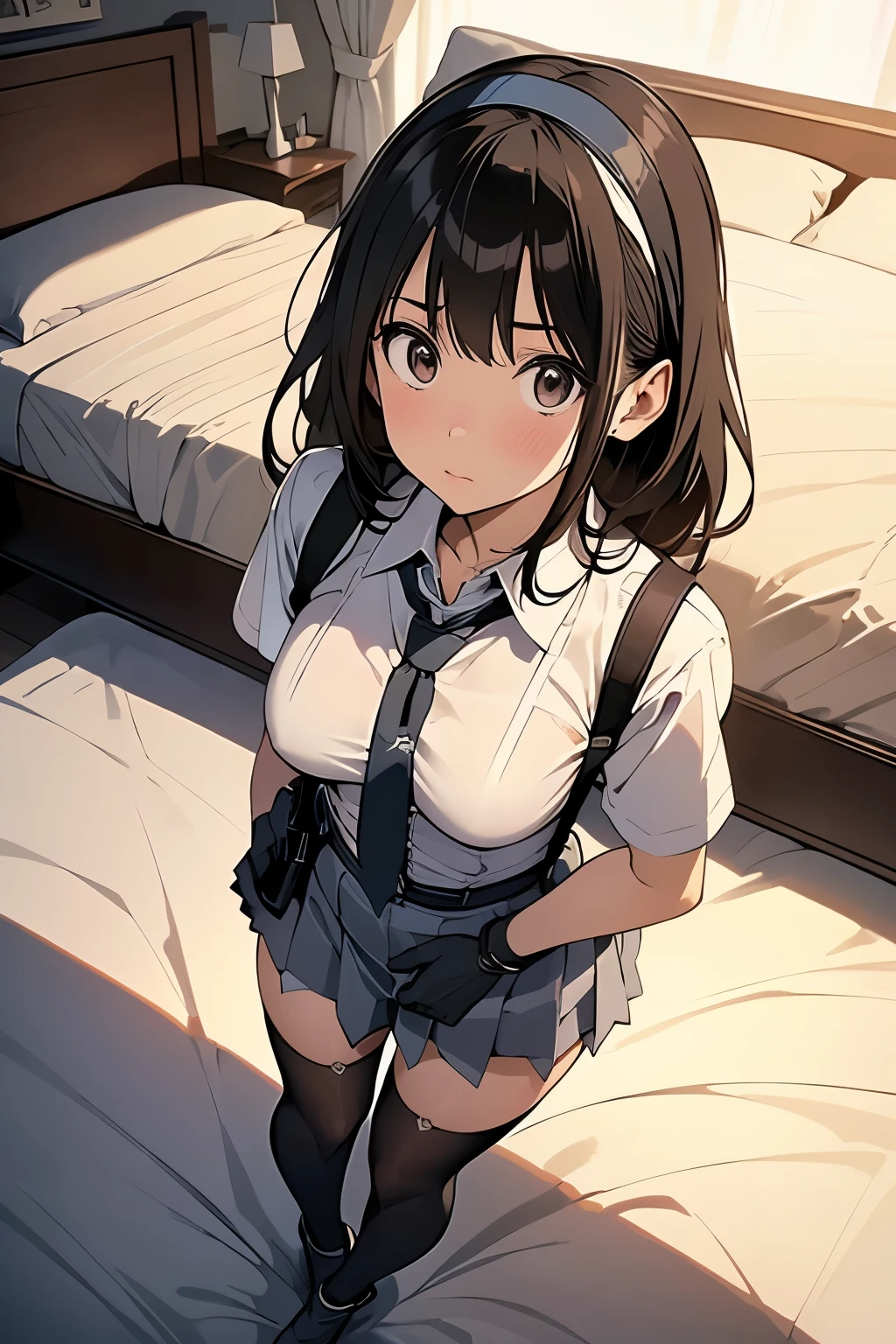 1 female, , high quality, masterpiece, Ultra-high resolution, , Cinema Lighting, , , And the suspenders with the cranes flying　　　Moderate breasts　 　 　　　　Large Breasts　 　 　　　　Small face　 　　　holster　　　　　　　 Lying in bed　Looking up　　　　Sweat 　　　belt　summer　脇Sweat 　Black Hole Gloves　suit　　　　 　garterbelt　Leg Links　ズボンにbelt　　holster　 　　Hands behind your back　 Anxious expression　Looking up　Anxious face　Knee-high　Knee socks　Knee-highソックス garterbelt　garter　ふとももにgarterbelt　Checkered mini skirt　Necktie Headband　ribbon
